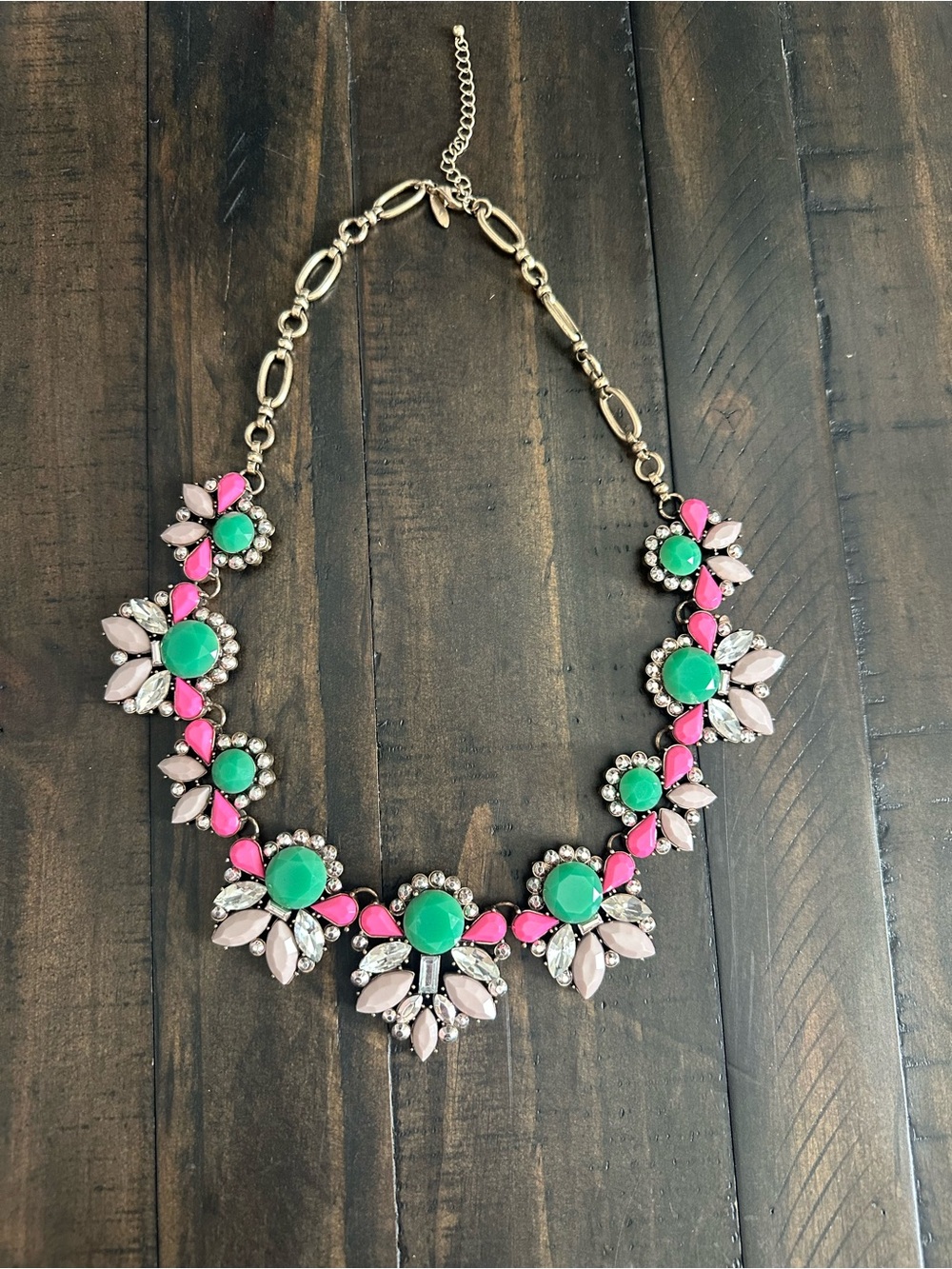 Gold-Tone Statement Necklace with Green, Pink, and Blush Stones